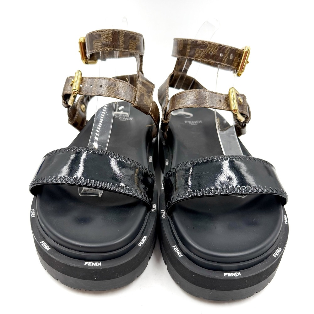 Fendi Zucca FF Platform Sandals Monogram Logo Brown Black Gladiator Sz 38 / 8 - Picture 3 of 13